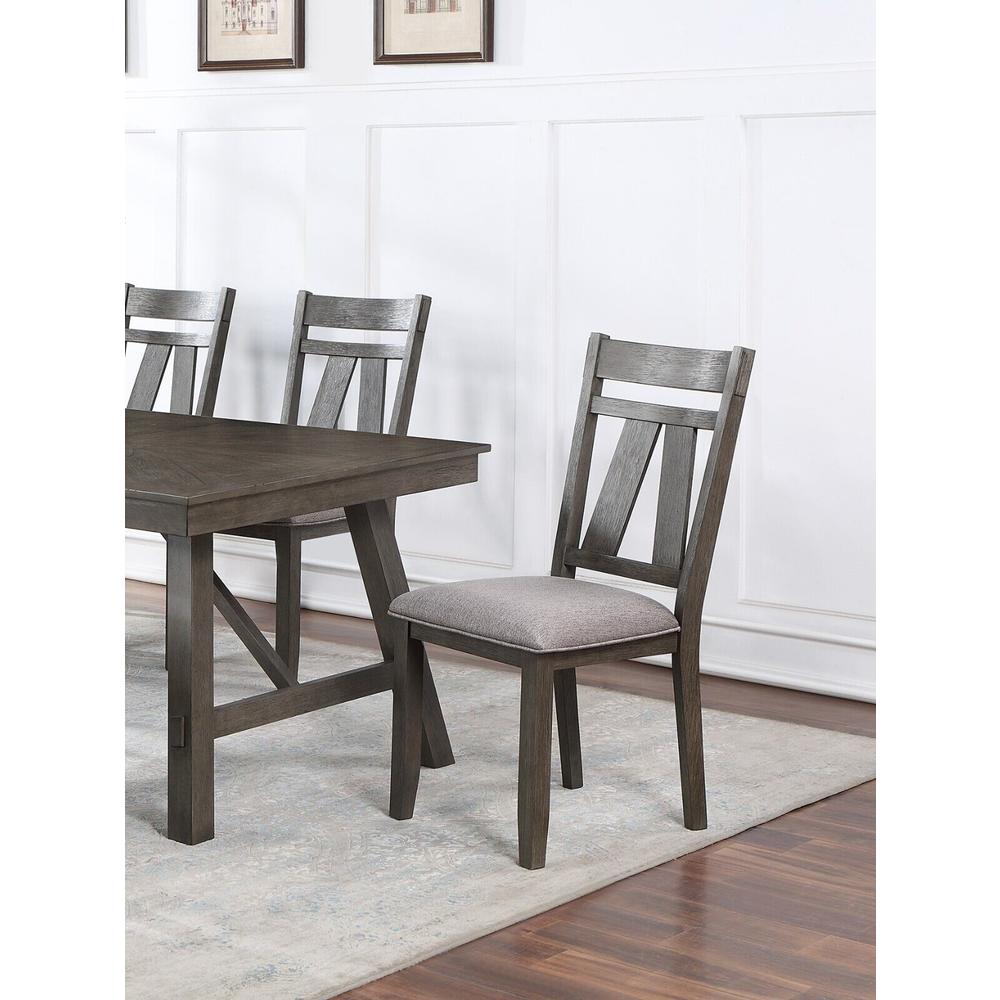 Esofastore Contemporary Brown Finish 6pc Dining Set Round Table Side Chairs Bench Gray Cushion Seat Wood Top Kitchen Dining Room Furniture