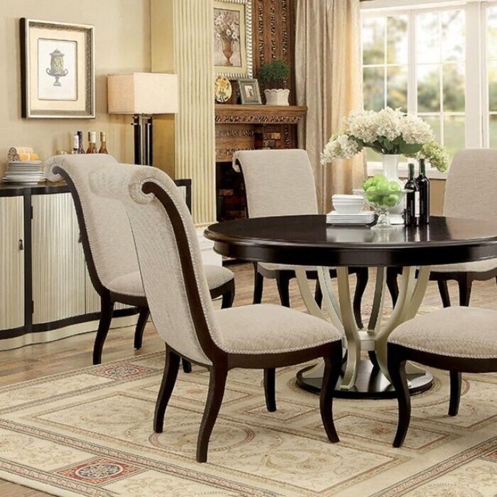 Esofastore Contemporary Espresso Solidwood 7pc Dining Set RD. Table 6x Side Chairs Beige Fabric Dining Room Pedestal Base Two-Tone Design