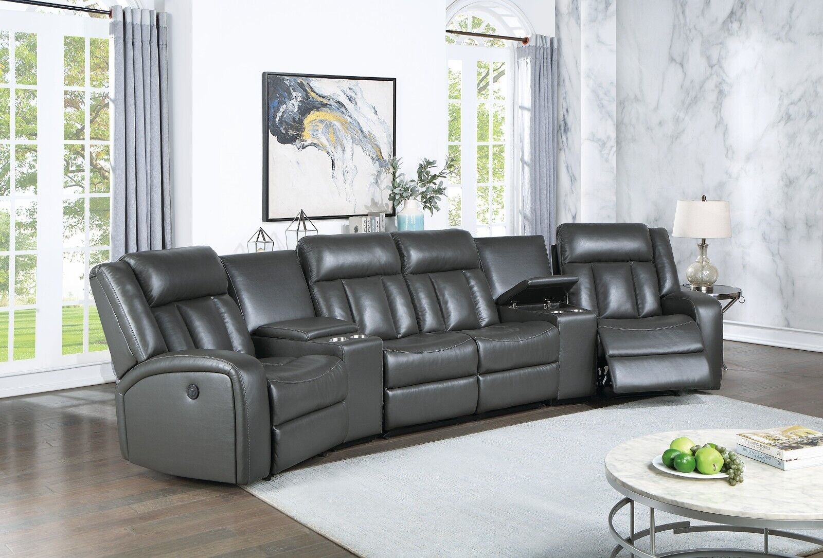 Esofastore Home Theater Sectional Power Reclining Couch Consoles Recliner Chairs Loveseat Gel Leatherette Gray Living Room Furniture