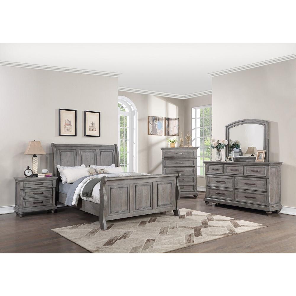 Esofastore Grey Finish Wooden Queen Size Bed 2x Nightstands 3pc Set Bedroom Furniture Sleigh 3-Panel Design Headboard Footboard