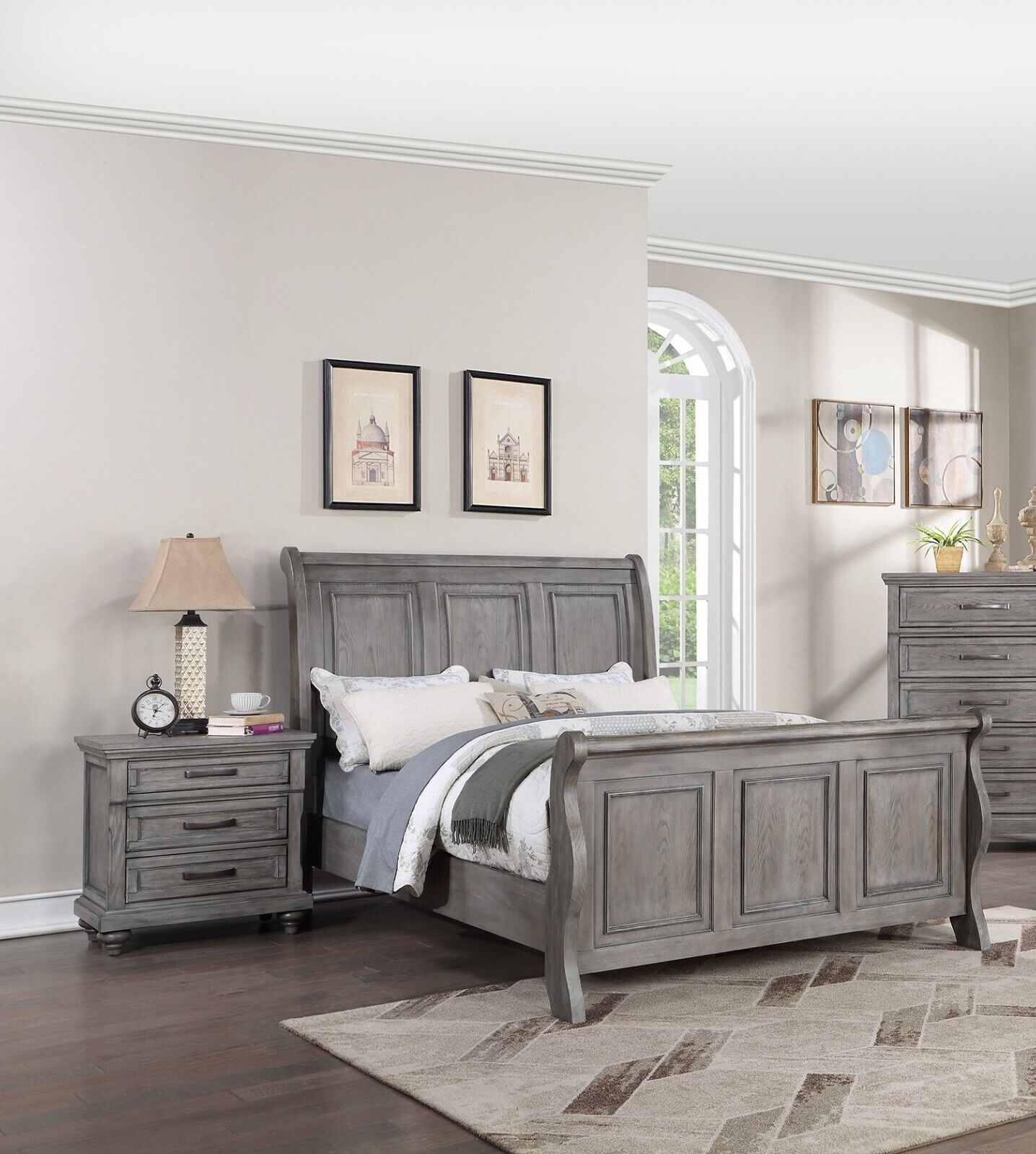 Esofastore Grey Finish Wooden Queen Size Bed 2x Nightstands 3pc Set Bedroom Furniture Sleigh 3-Panel Design Headboard Footboard