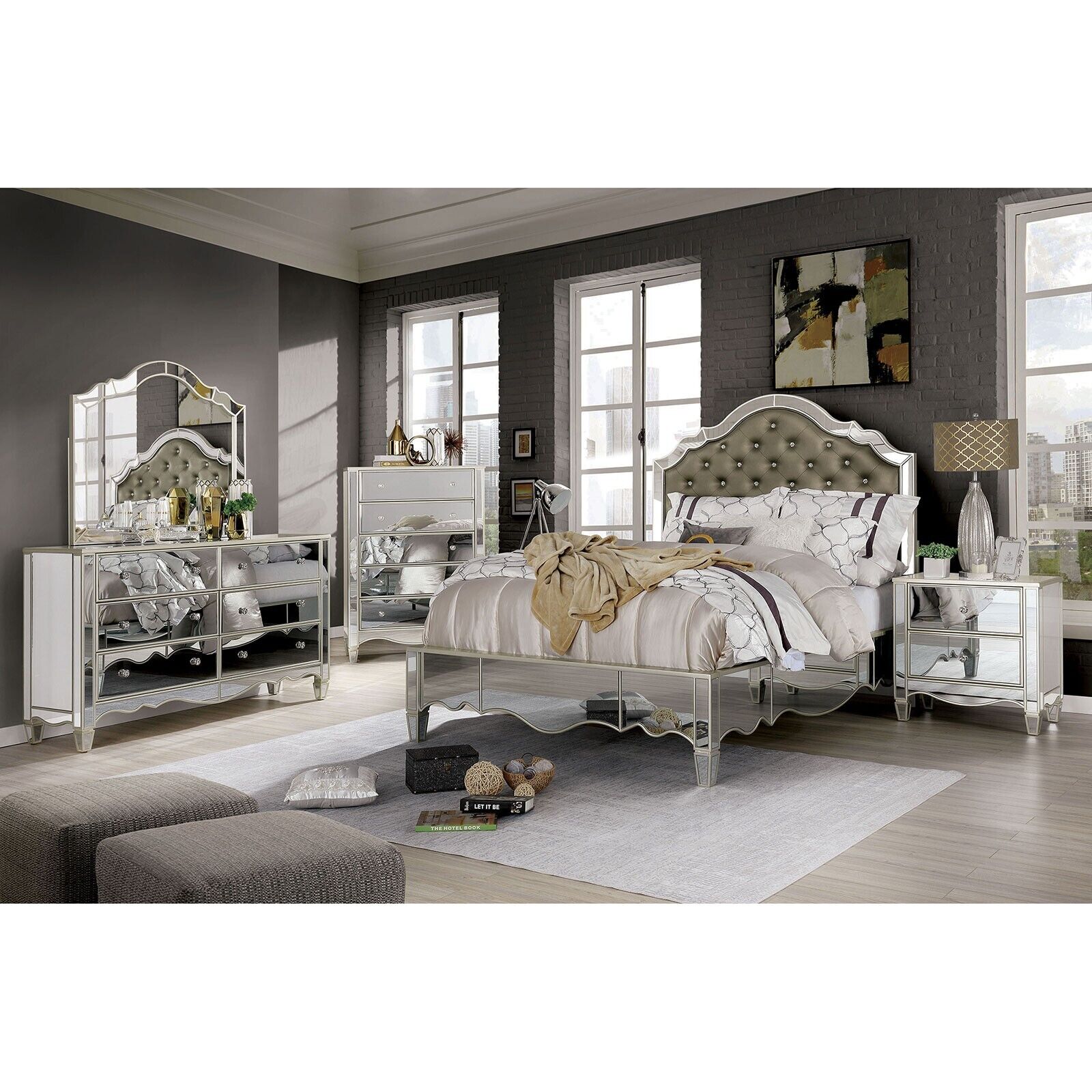 Esofastore Silver Mirror Panel 6pc Bedroom Set Gorgeous Traditional Est King Size Bed Dresser Nightstands Chest Button Tufted Leatherette