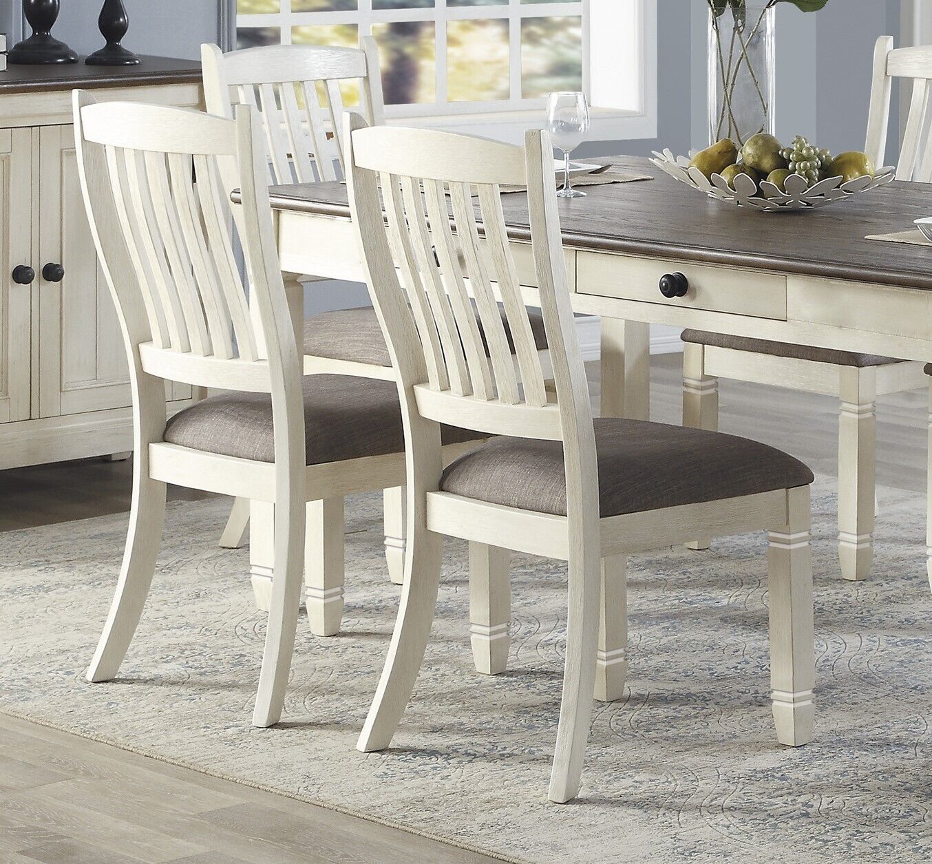 Esofastore Casual Design Antique White Finish Dining Chair 6pc Set Fabric Upholstered Seat Wooden Furniture