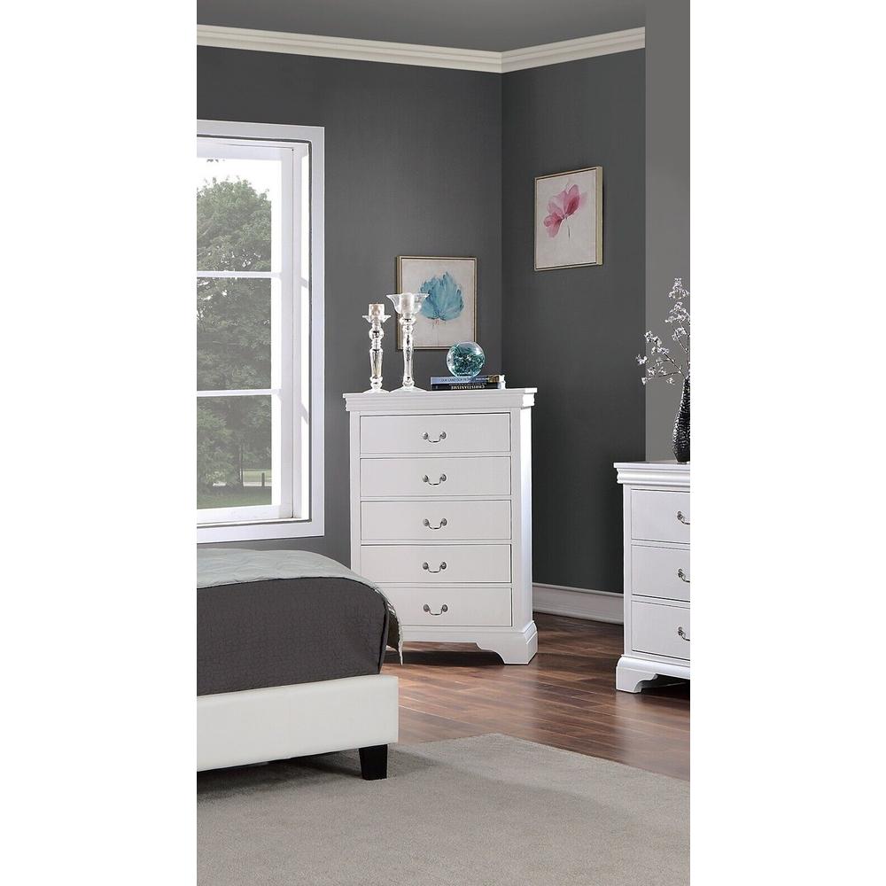 Esofastore Classic White Bedroom 6pc Set Queen Size Bed Dresser Mirror 2xNightstands Chest Faux Leather Upholstered Furniture