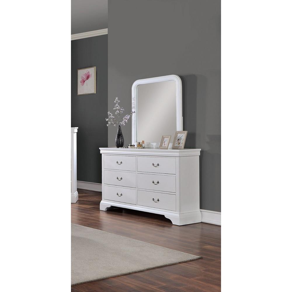 Esofastore Classic White Bedroom 6pc Set Queen Size Bed Dresser Mirror 2xNightstands Chest Faux Leather Upholstered Furniture