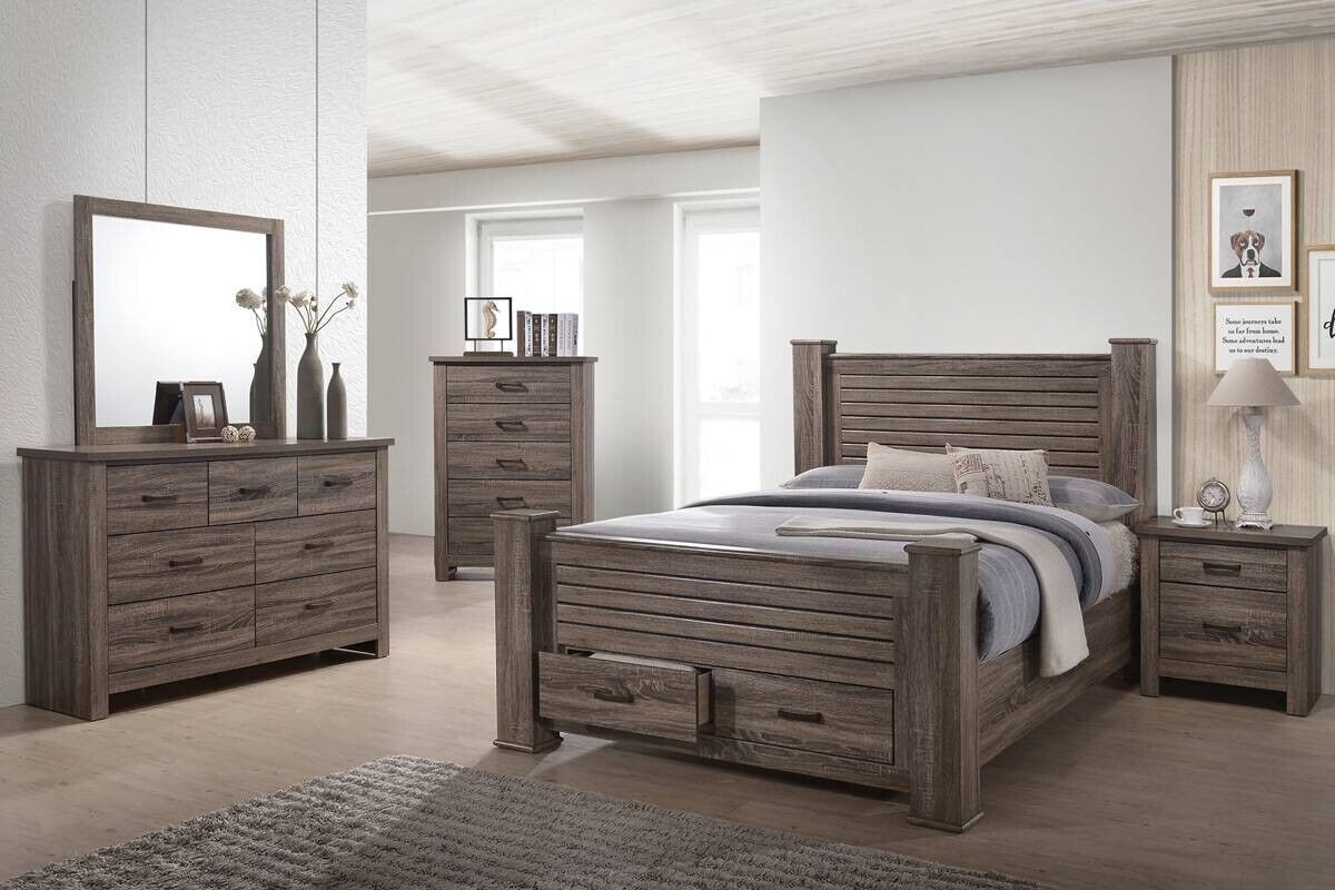 Esofastore 3pc Bedroom Furniture Set Natural Finish Queen Size Bed 2x Nightstands Transitional Style Functional Unique Bed