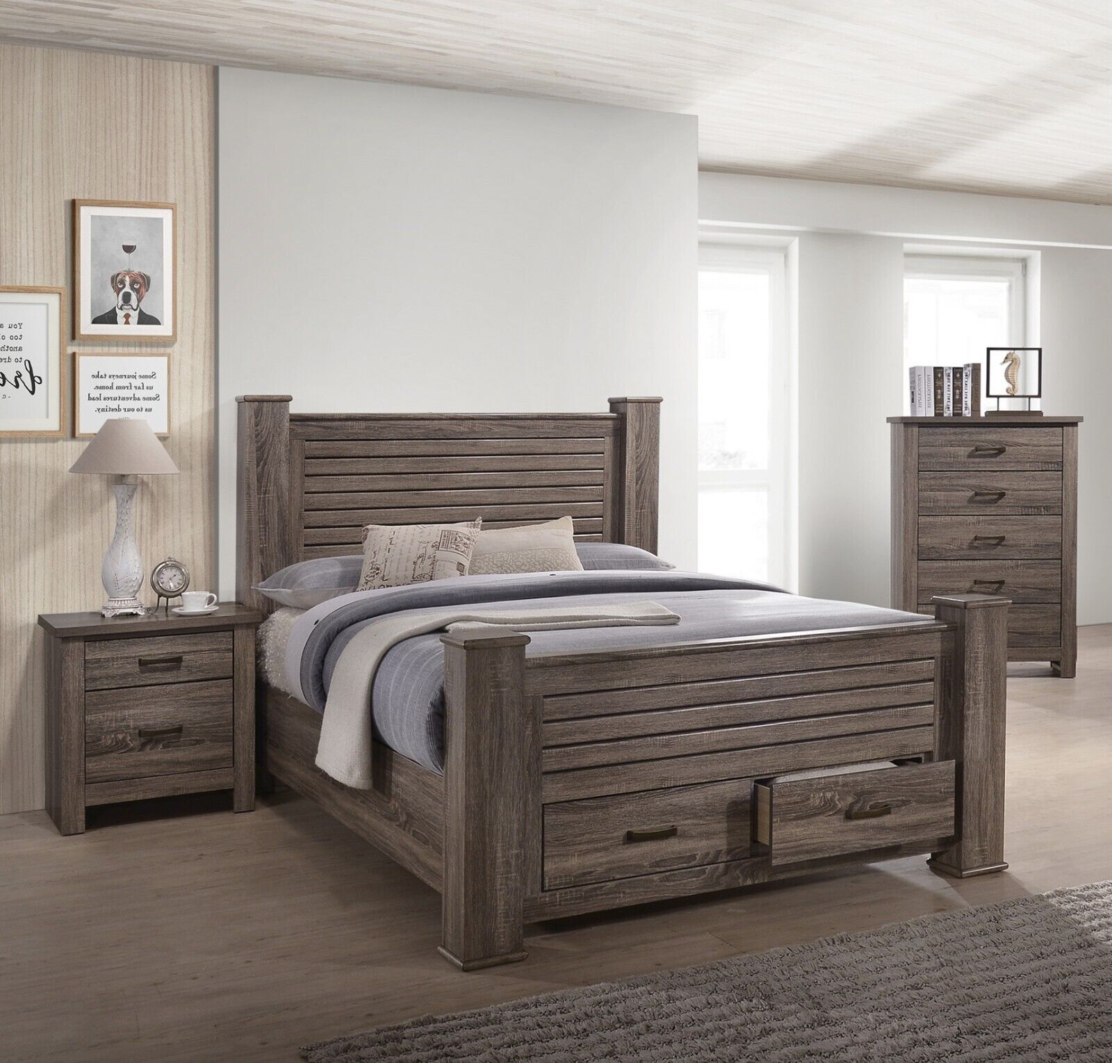 Esofastore 3pc Bedroom Furniture Set Natural Finish Queen Size Bed 2x Nightstands Transitional Style Functional Unique Bed