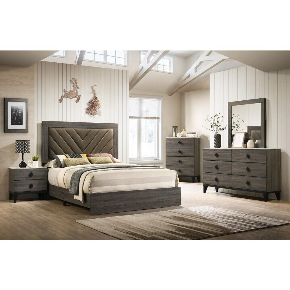 Esofastore Transitional Style Grey Queen Size Bed 4pc Set Dresser Mirror Nightstand Bedroom Furniture Wooden Upholstered HB