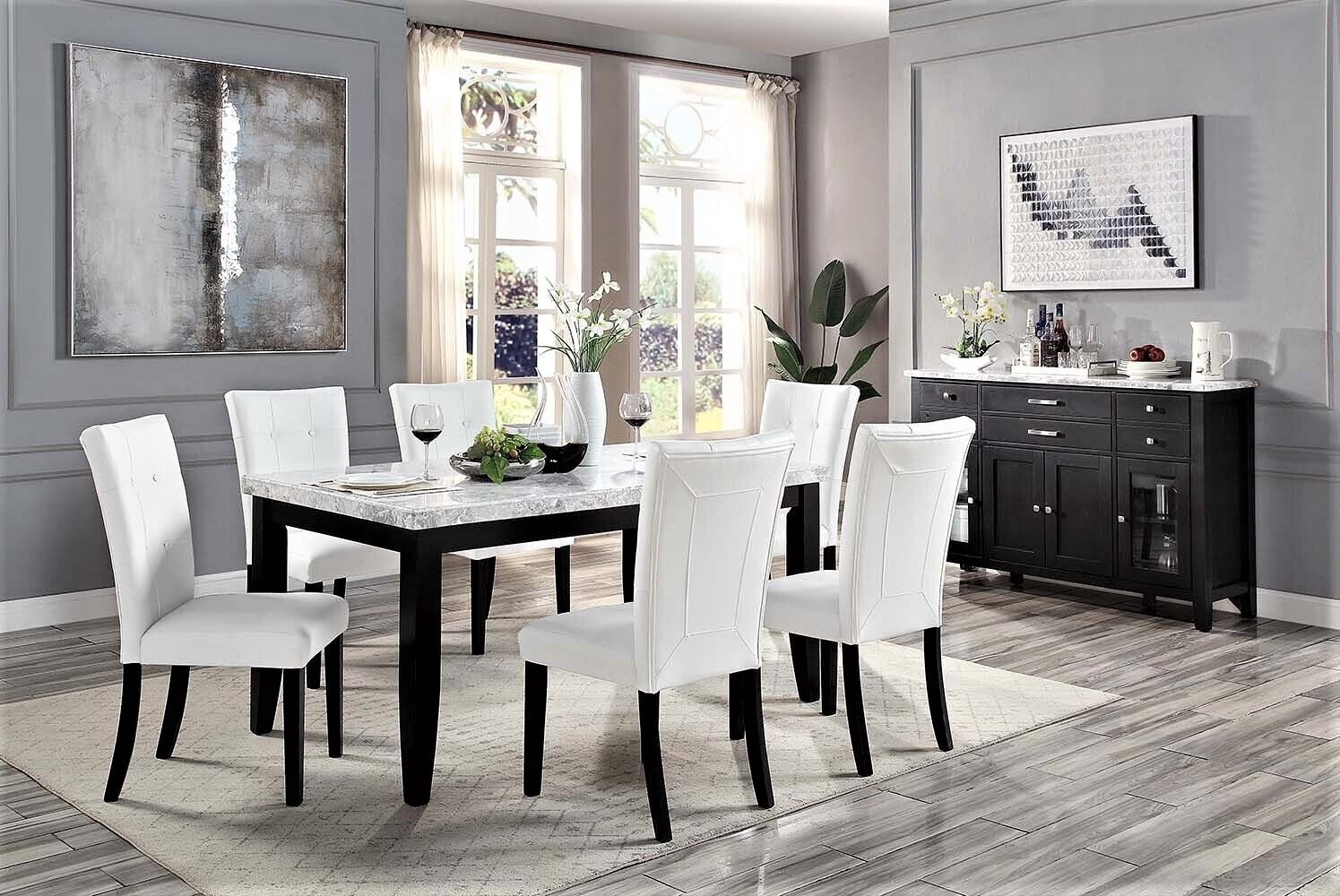 Esofastore Contemporary White Finish Dining 7pc Set Marble Top Table and Button-Tufted 6 Side Chairs Modern Dining Furniture