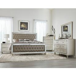 Esofastore Modest Design Eastern King Bed 5pc Bedroom Champagne Finish Tufted Bed Dresser Nightstand Mirror Chest Acrylic Crystal Tufting