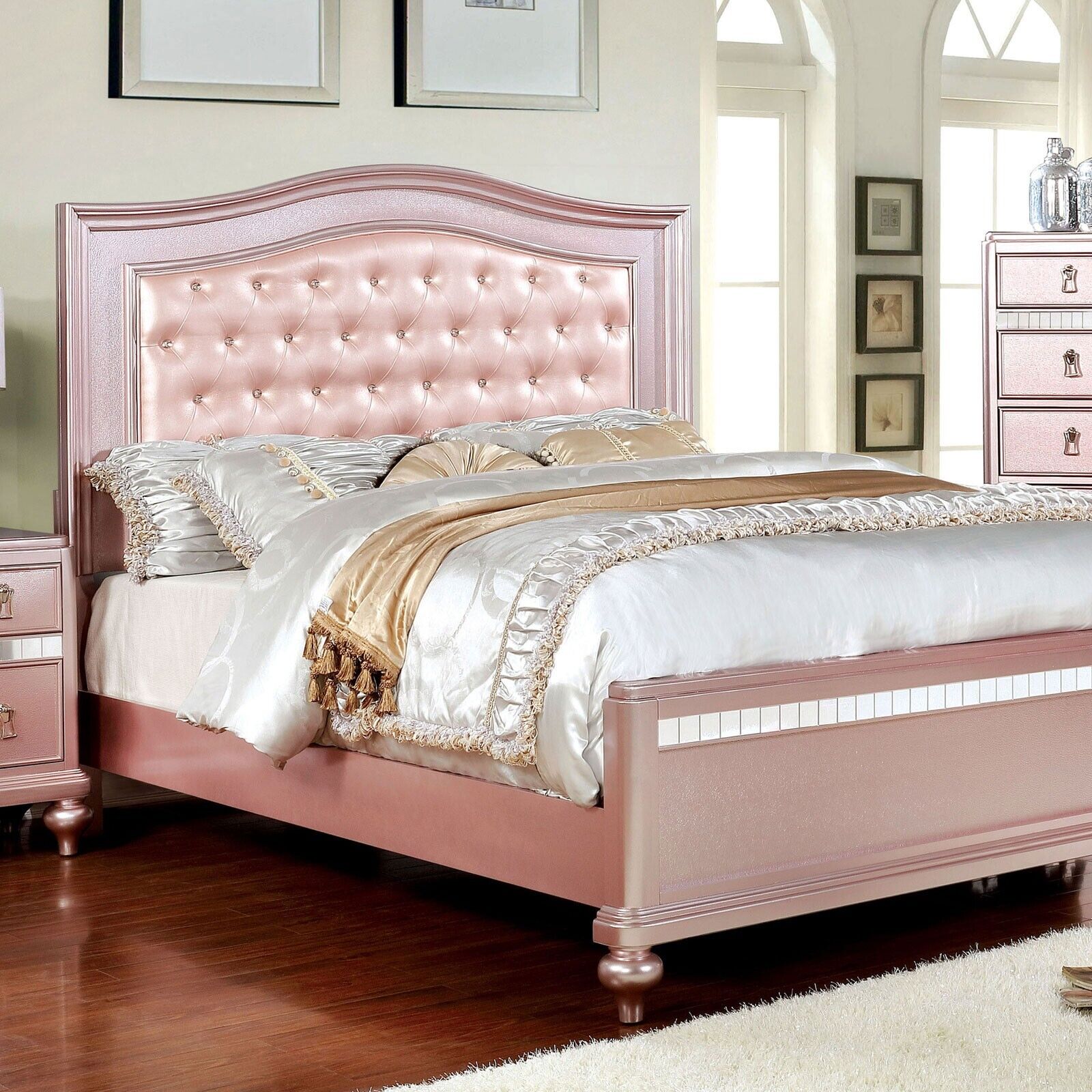 Esofastore Glamorous Bedroom Classic 1pc Full Size Bed Rose Gold Padded Leatherette Tufted HB Solid wood