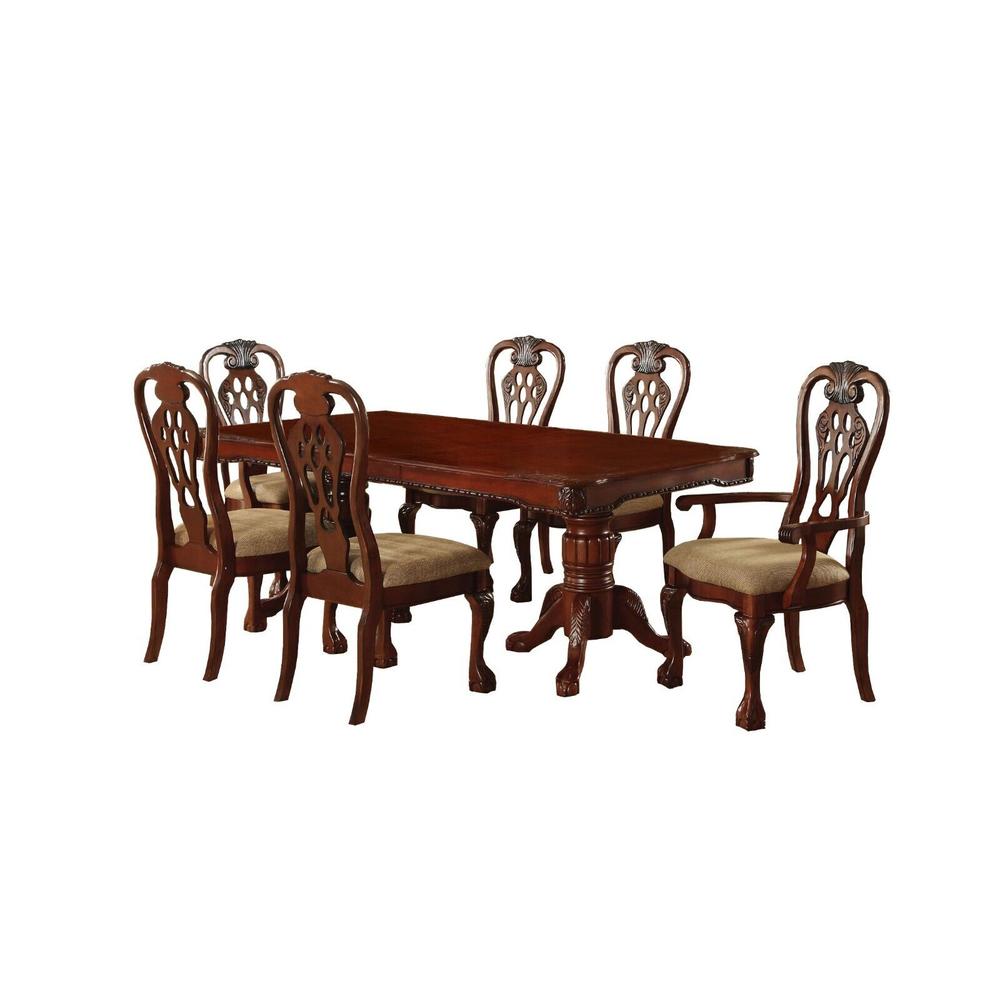 Esofastore Traditional Dining Room Furniture 7pc Set Dining Table w Leaf Pedestal Base 4x Side Chairs 2x Arm Chairs Cherry Solid Wood