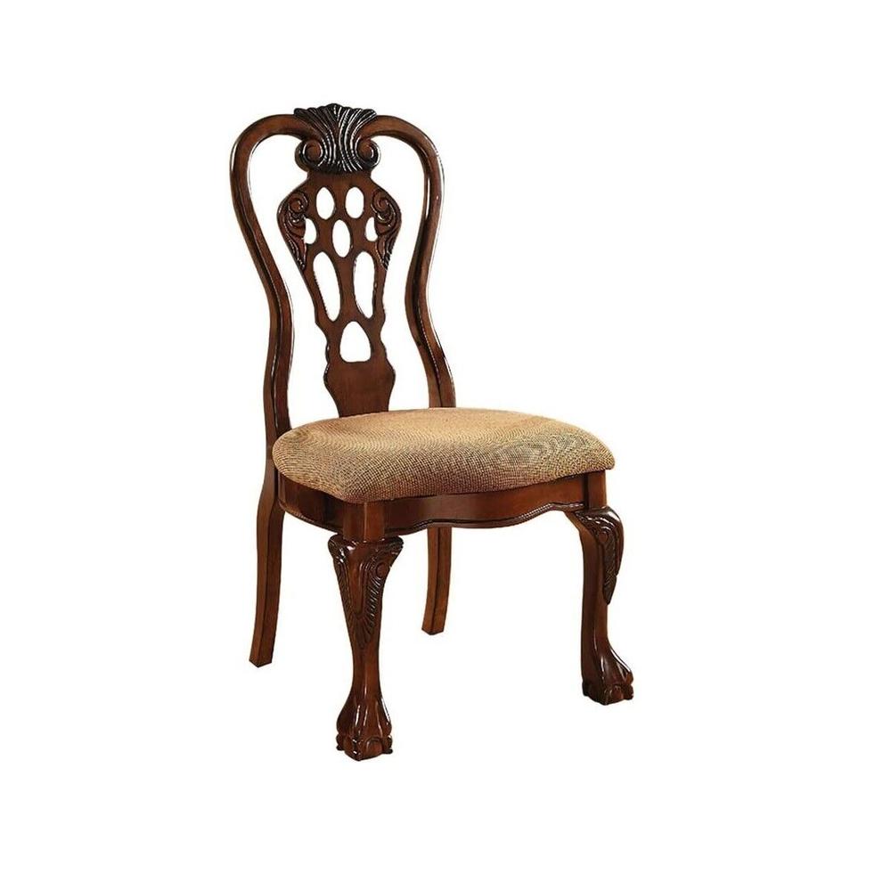 Esofastore Traditional Formal Set of 4 Side Chairs Dining Room Furniture Cherry Solid wood Beige Cushion Padded Fabric Seats Ball & Claw