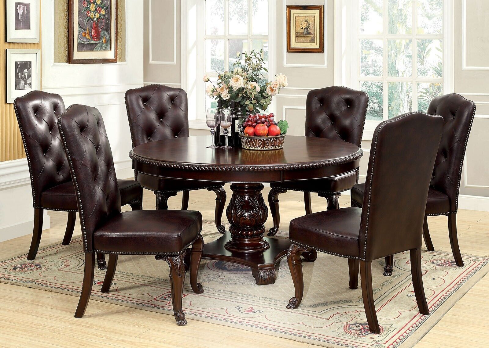 Esofastore Gorgeous Formal 7pc Dining Set Brown Cherry Solid wood Round Table And 6x Side Chairs Leatherette Tufted Cushion Seat Furniture