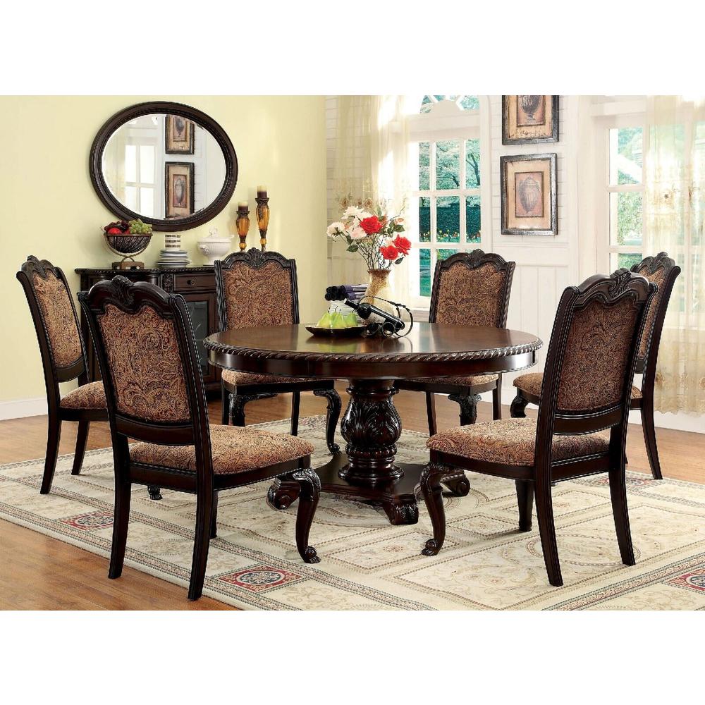 Esofastore Gorgeous Formal 7pc Dining Set Brown Cherry Solid wood Round Table And 6x Side Chairs Fabric Upholstered Dining Room Furniture
