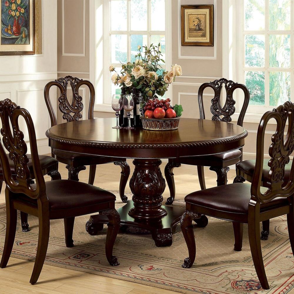 Esofastore Gorgeous Formal 7pc Dining Set Brown Cherry Solid wood Round Table And 6x Side Chairs Intricate Design Back Cushion Seat