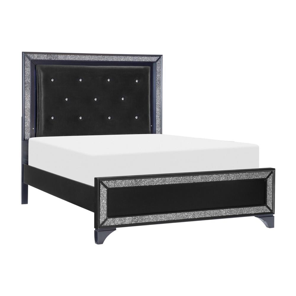 Esofastore Modern Bedroom 3pc Set LED Headboard King Bed Button-Tufted Headboard Nightstands Pearl Black Metallic Finish