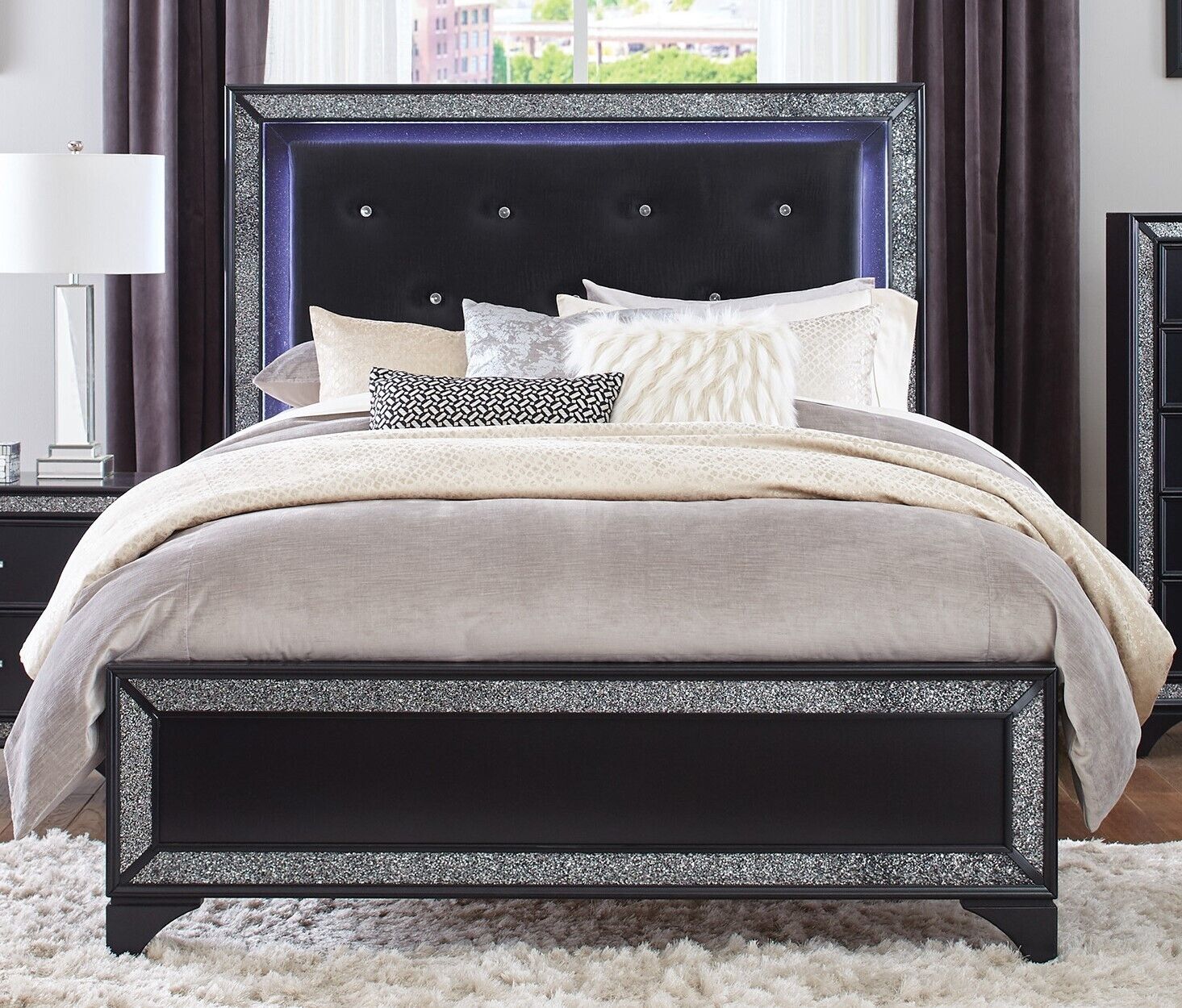 Esofastore Modern Bedroom 3pc Set LED Headboard King Bed Button-Tufted Headboard Nightstands Pearl Black Metallic Finish