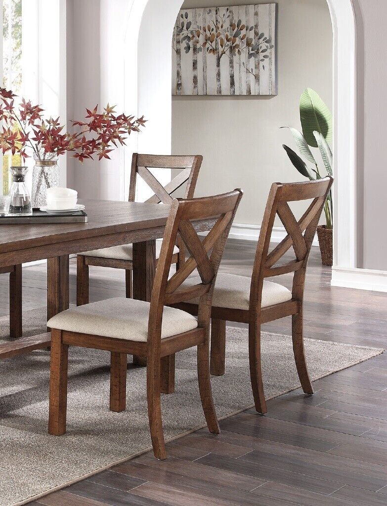 Esofastore Modern Unique Set of 6 Side Chairs X Design Back Upholstered Cushion Seat Natural Brown Finish Solidwood Kitchen Dining Room