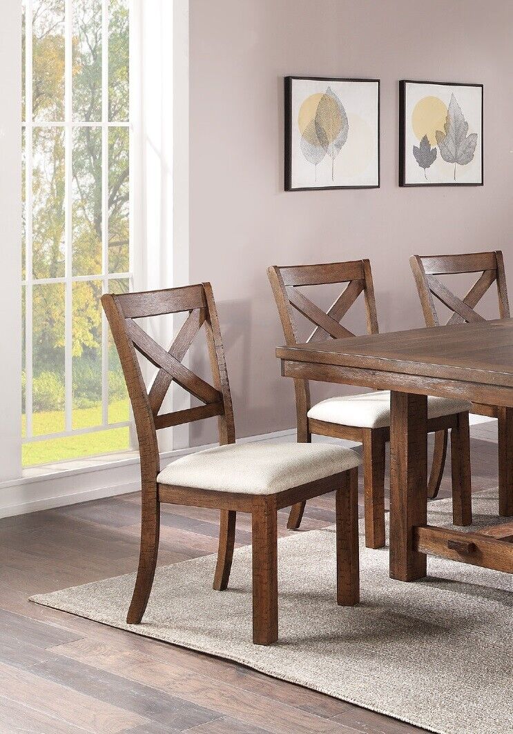 Esofastore Modern Unique Set of 6 Side Chairs X Design Back Upholstered Cushion Seat Natural Brown Finish Solidwood Kitchen Dining Room