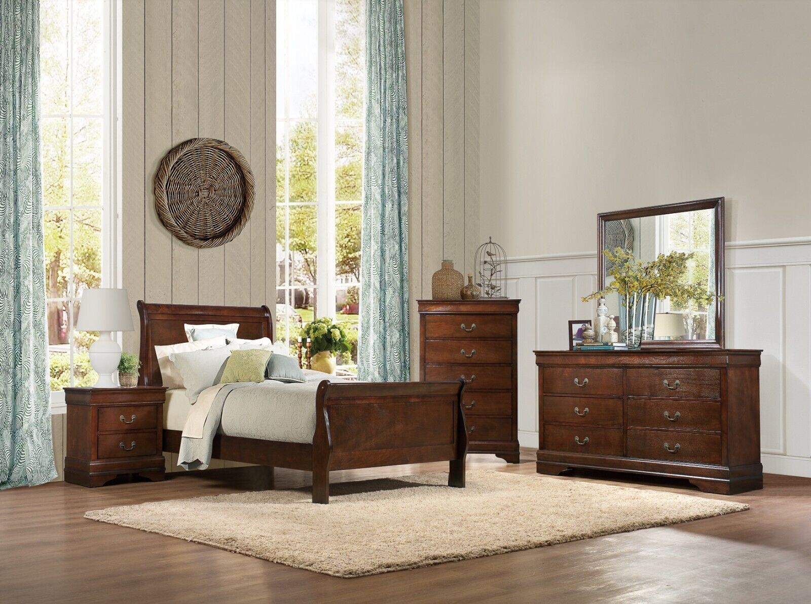 Esofastore Brown Cherry Finish 5pc Bedroom Set Louis Phillipe Twin Bed Two Nightstands Dresser Mirror Wooden Furniture