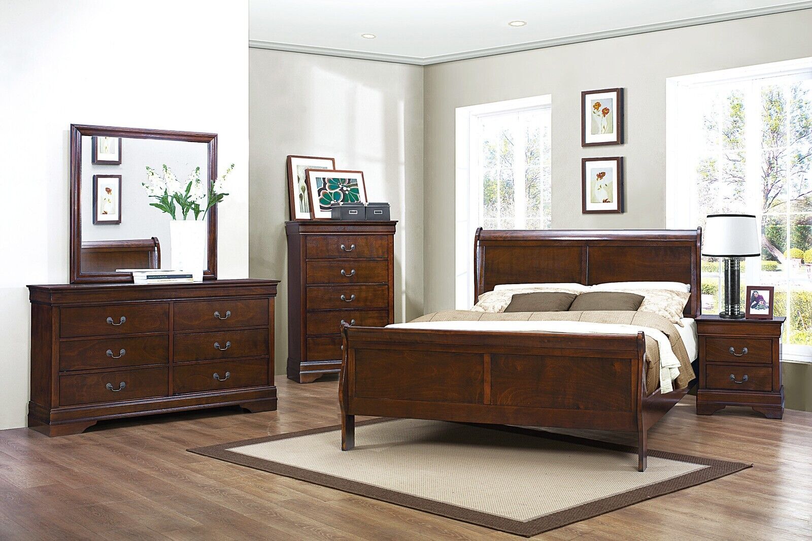 Esofastore Brown Cherry Finish 5pc Bedroom Set Louis Phillipe Full Bed Dresser Chest Mirror Nightstand Wooden Furniture