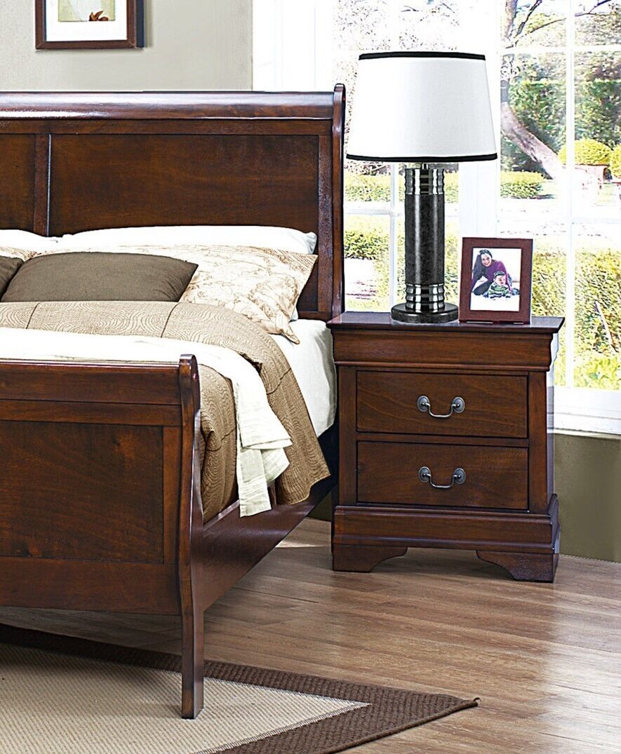 Esofastore Brown Cherry Finish 6pc Bedroom Set Louis Phillipe Full Bed Dresser Mirror Chest Nightstands Wooden Furniture Set