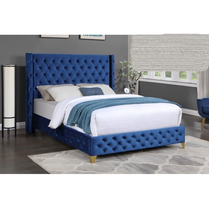 Esofastore Velvet Upholstered Bed Blue Modern Style 1pc King Size Tufted Platform Bed Modern Bedroom Furniture