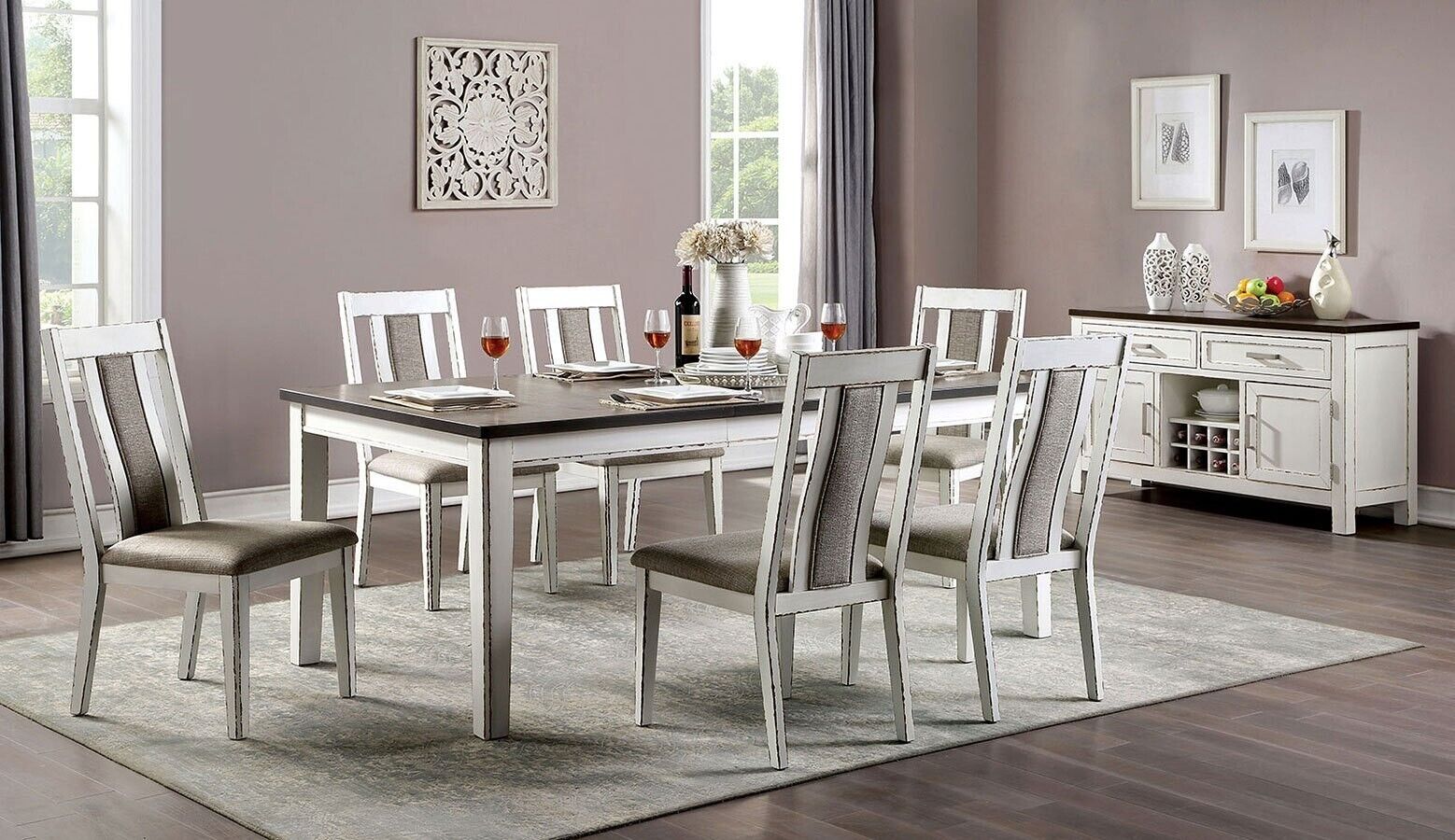 Esofastore Classic Rustic Weathered White 7pc Dining Set Dining Table 6x Side Chairs Solidwood Two Tone Fabric Cushion