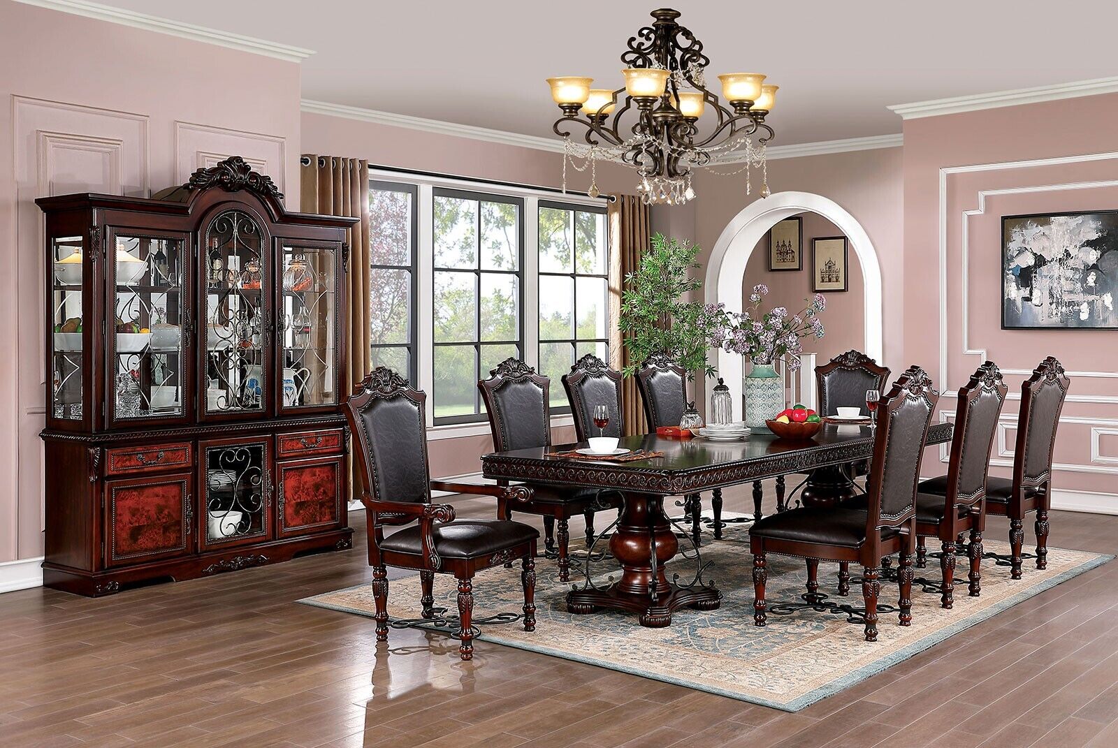 Esofastore Traditional Dining Room Furniture 9pc Set Brown Cherry Dining Table w Leaves 2x Arm Chairs 6x Side Chairs Black Leatherette Seat