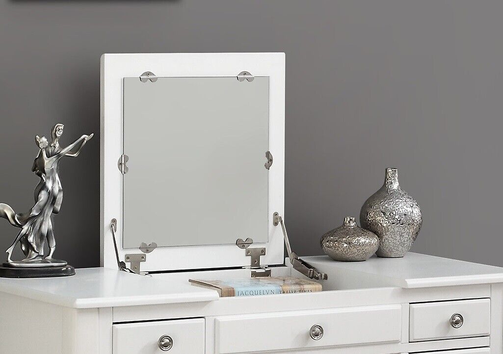 Esofastore Modern Classic Vanity Set Flip Up Mirror with Stool in White Color Rubberwood Storage Drawers Bedroom Furniture
