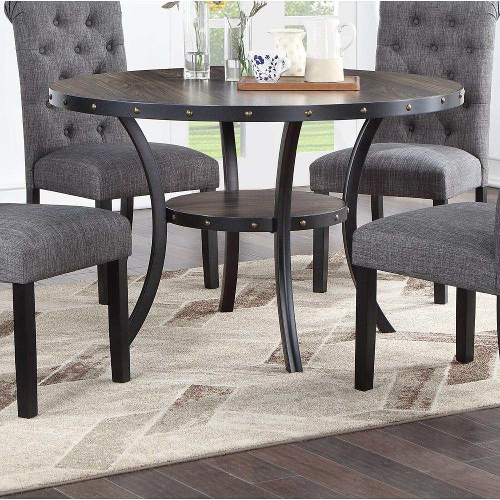 Esofastore Classic Dining Room Furniture 5pc Set Round Dining Table 4x Side Chairs Charcoal Fabric Cushion Storage Shelve Dining Table