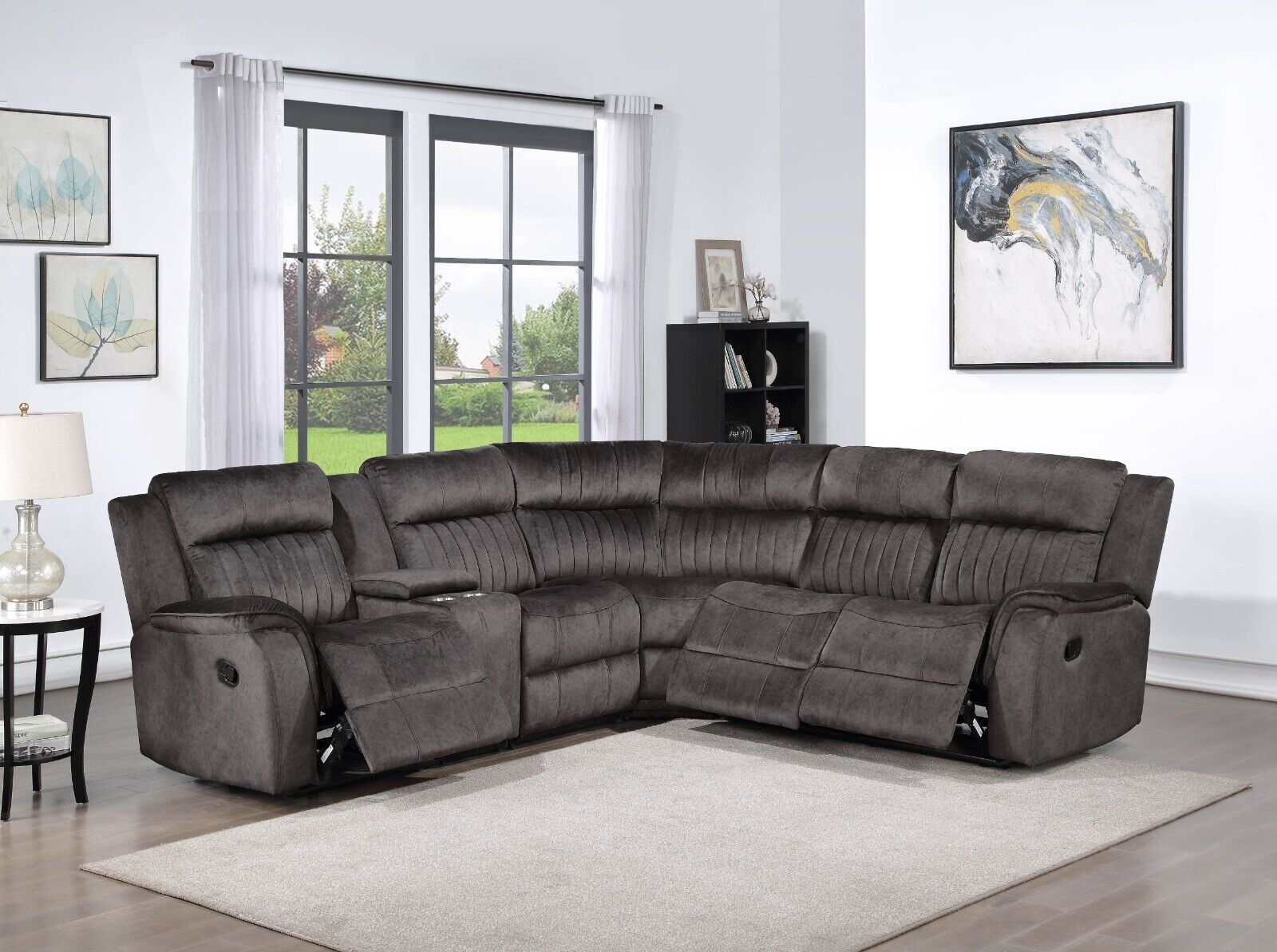 Esofastore Dark Gray Fabric Modular Sectional Sofa with Manual Recliner and Storage Console