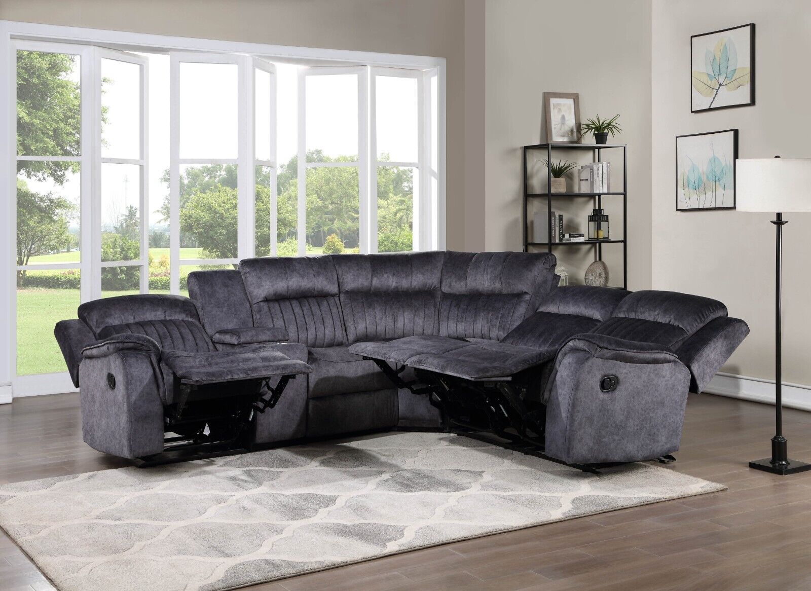 Esofastore Blue Gray Fabric Modular Sectional Sofa with Manual Recliner and Storage Console