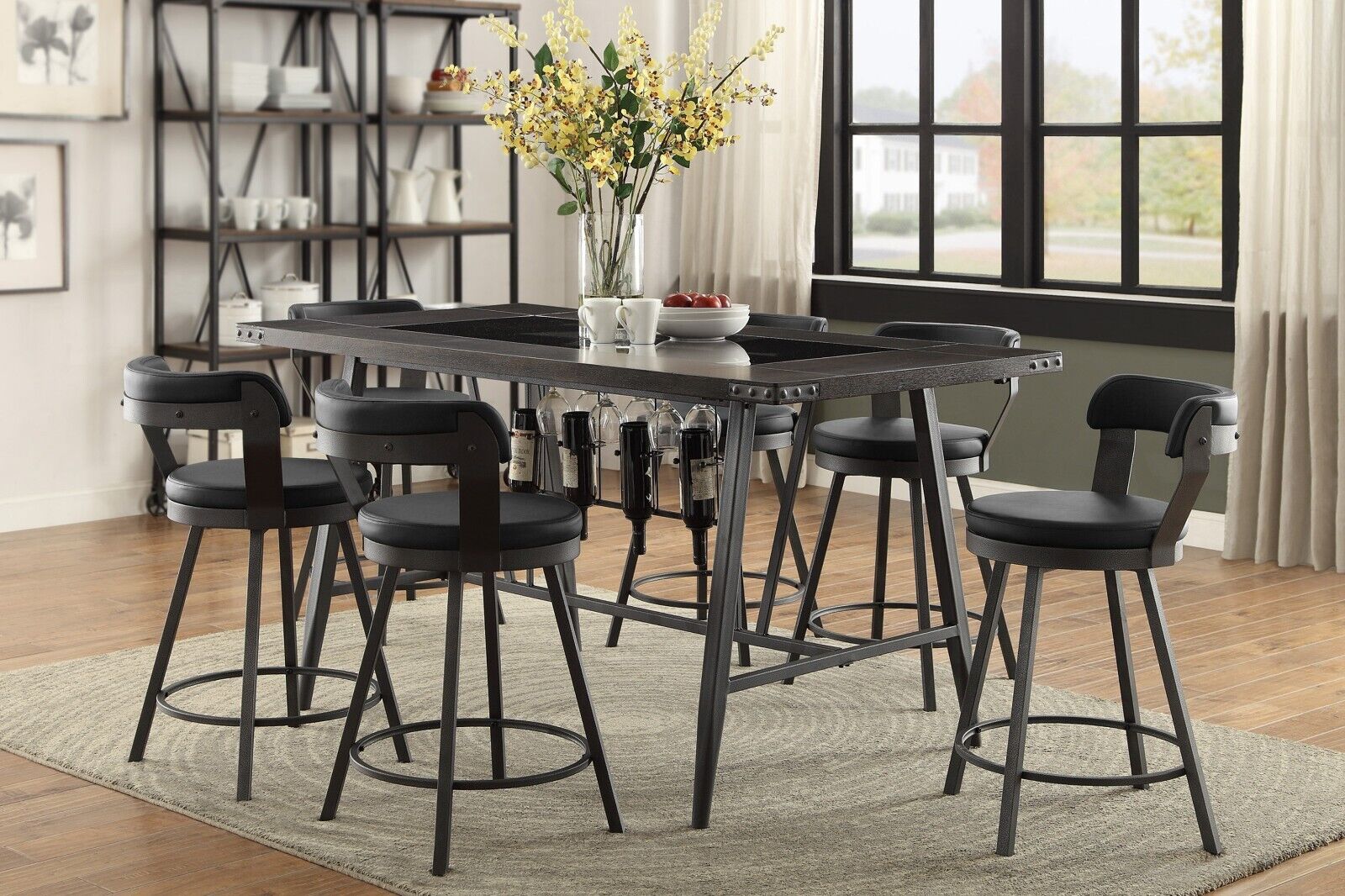 Esofastore Counter Height 7pc Set Table w/ Wine Rack Glass Insert Top 6x Swivel Counter Height Black Chairs Dining Room Furniture