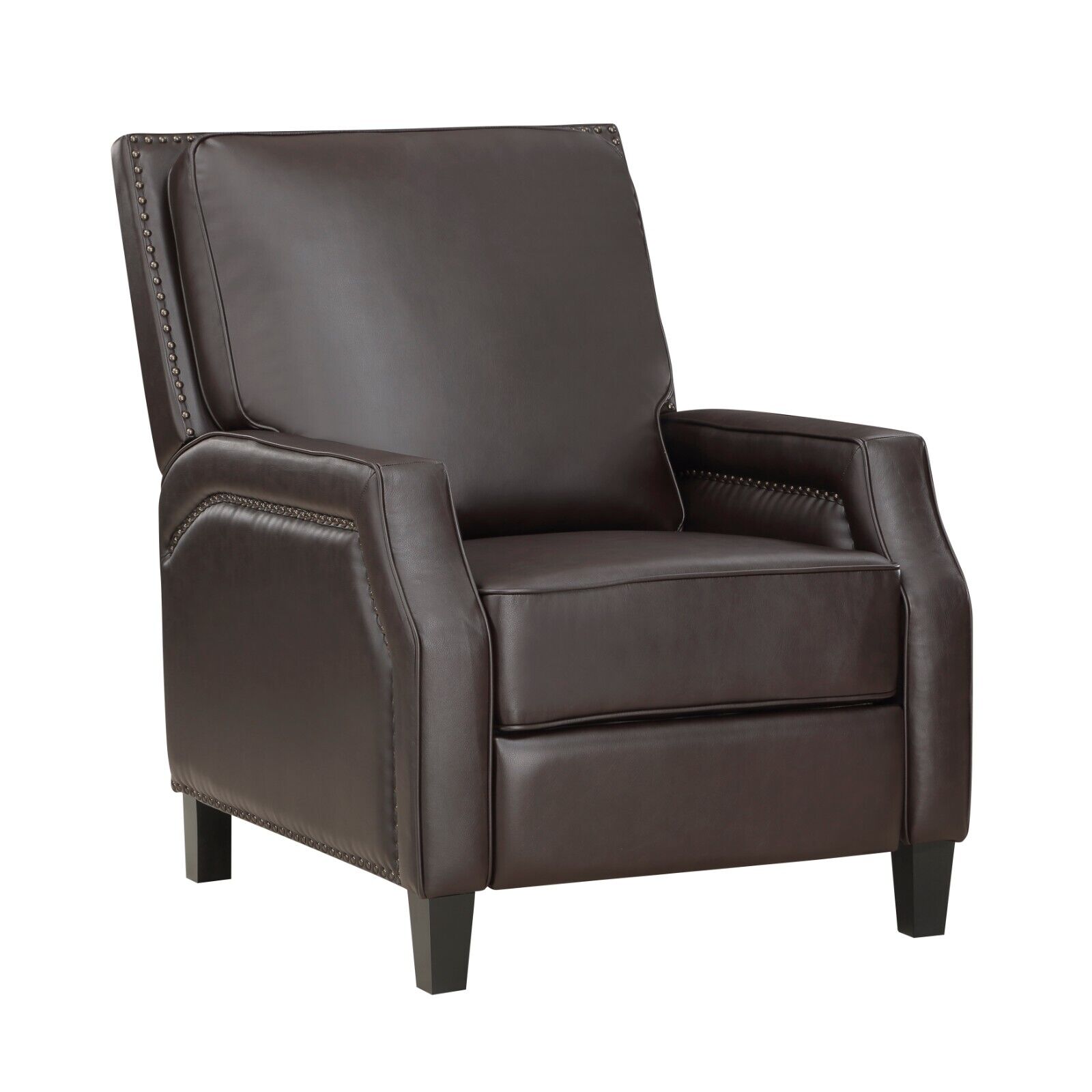 Esofastore 1pc Self Reclining Chair Dark Brown Faux Leather Solidwood Furntiure for Livinig Room Bedroom Push Back Reclining Nailhead Trim