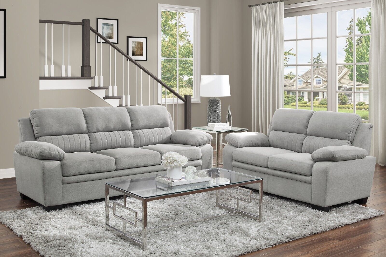 Esofastore Contemporary Living Room 2pc Plush Seating Sofa Loveseat Set Gray Fabric Modern Living Room