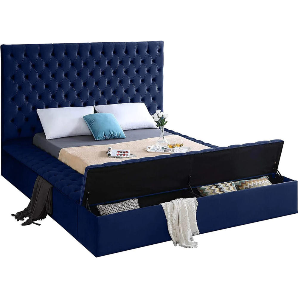 Esofastore Contemporary Modern Velvet E. King Size Platform Bed Frame w/ Storage, Tufted Headboard, Plush Comfy, Bedroom Furniture, Blue