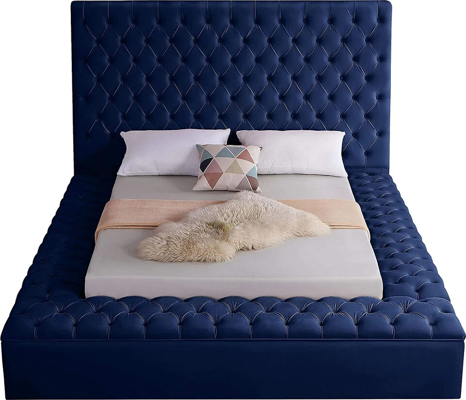 Esofastore Contemporary Modern Velvet E. King Size Platform Bed Frame w/ Storage, Tufted Headboard, Plush Comfy, Bedroom Furniture, Blue
