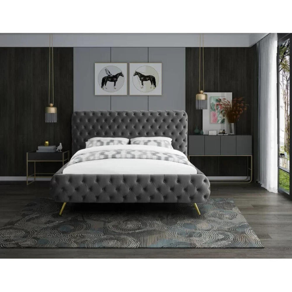 Esofastore Modern Style Velvet Upholstered Tufted E. King Size Platform Bed Frame w/ Golden Legs, Comfy Sleep, Bedroom Furniture, Gray