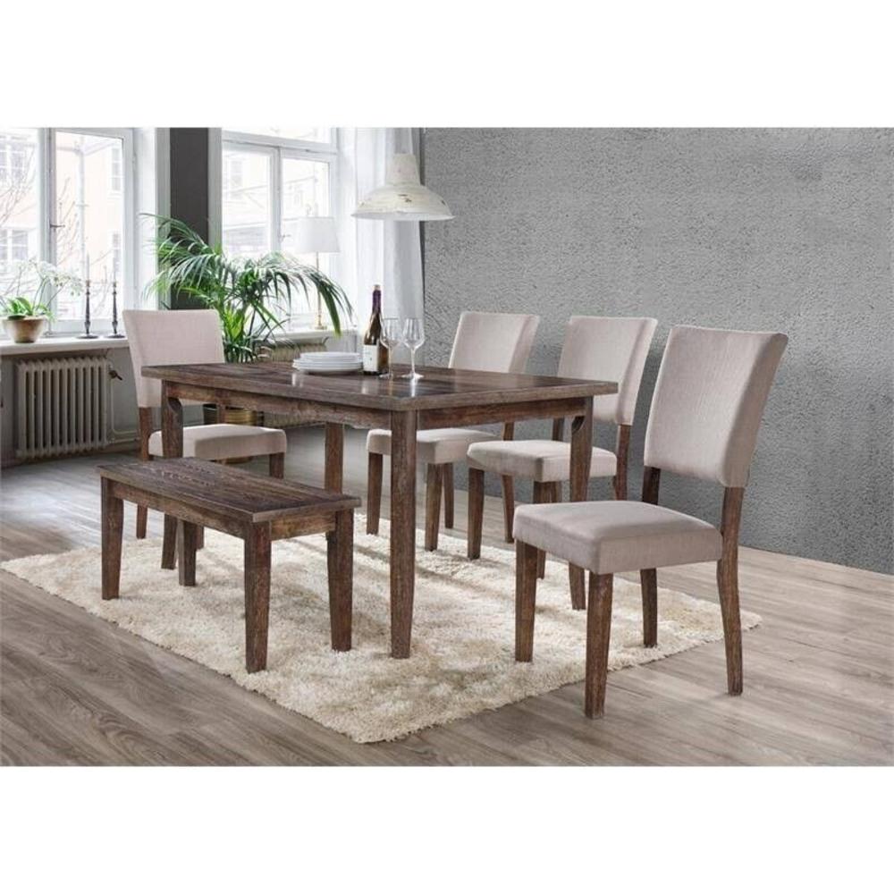 Esofastore Transitional Style 6-Pc Dining Set, Solid Wood Dining Table, Bench, and Upholstered Chairs Set, Antique Natural Oak Finish