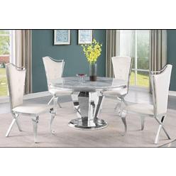 Esofastore 5-Pc Modern Dining Set, Marble Table-Top Round Dining Table, Creme Velvet Upholstery Dining Chair, Adjustable Leg, Silver Frame