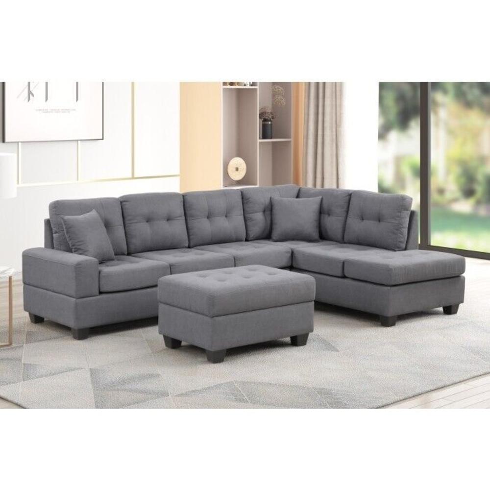 Esofastore Fabric Upholstered Reversible Chaise Sectional Sofa with Storage Ottoman, Pillows, and Cup Holder, Modern Sofa Set, Dark Gray