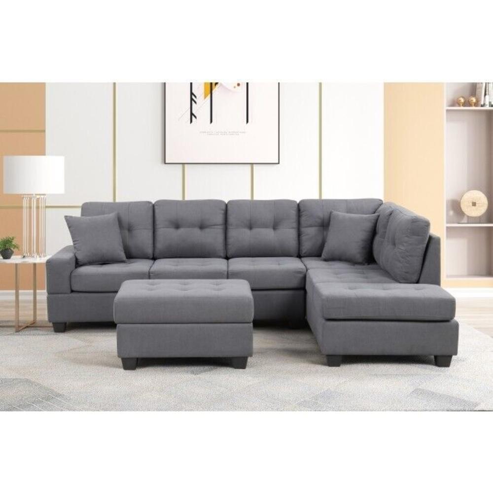 Esofastore Fabric Upholstered Reversible Chaise Sectional Sofa with Storage Ottoman, Pillows, and Cup Holder, Modern Sofa Set, Dark Gray