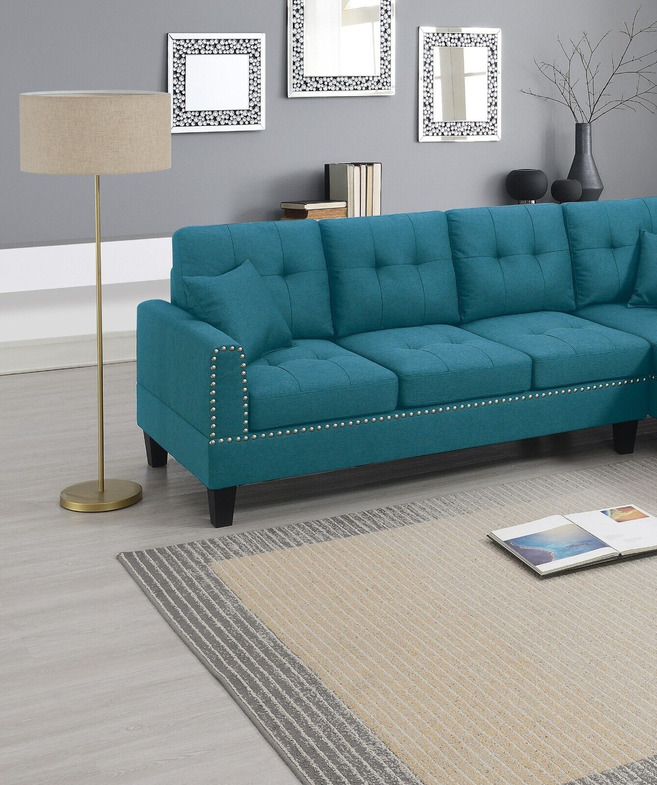 Esofastore Living Room Furniture Azure Fabric Tufted Cushion Couch 2pcs Sectional Set RAF Chaise LAF Sofa 