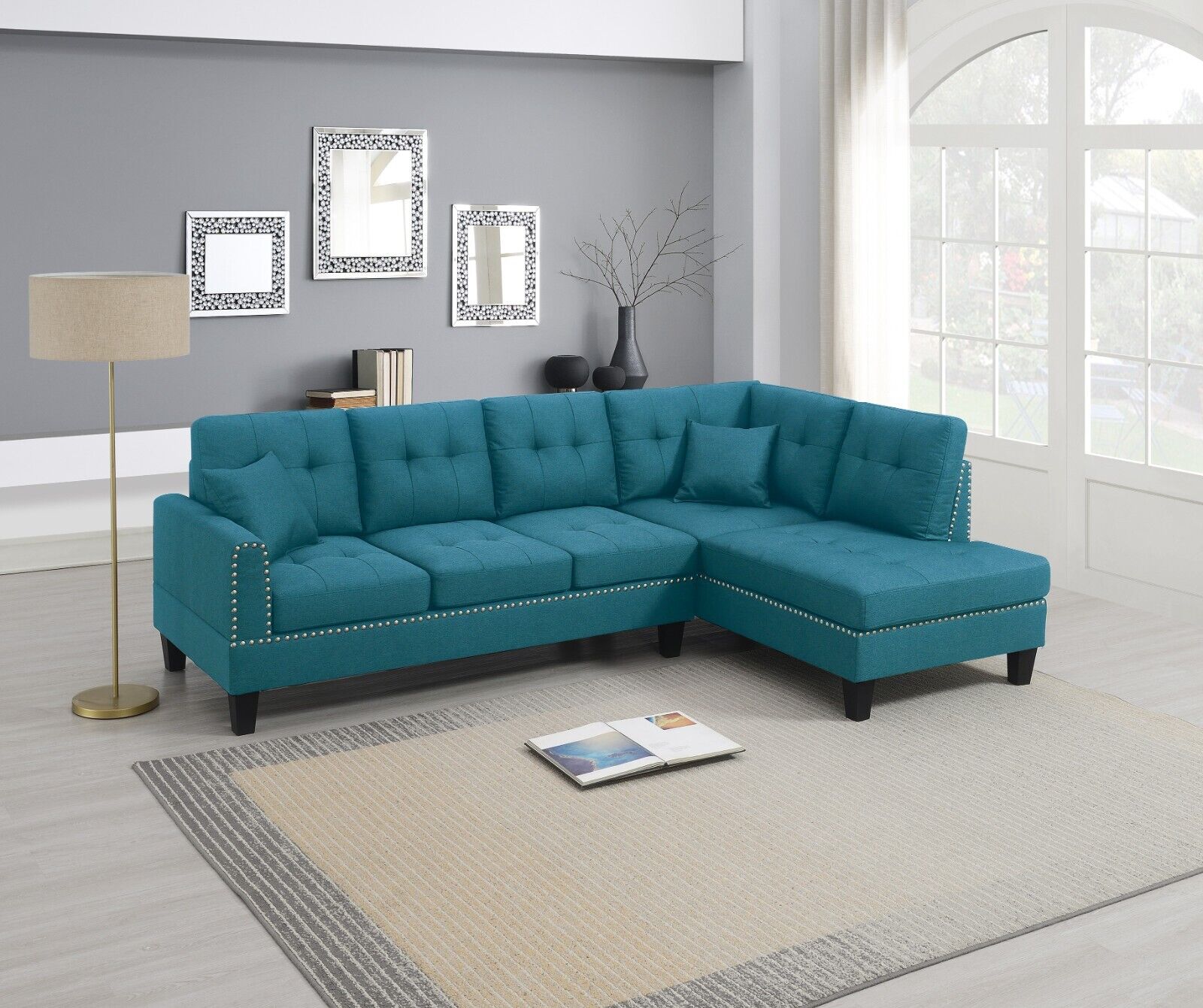 Esofastore Living Room Furniture Azure Fabric Tufted Cushion Couch 2pcs Sectional Set RAF Chaise LAF Sofa 