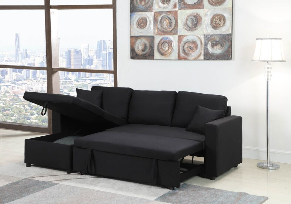 Esofastore Simple Design Black Linen Sectional Sofa Bed with Reversible Chaise Lounge, Storage, Pull-Out Bed Couch, Livingroom Furniture