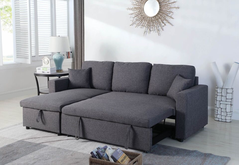Esofastore Simple Design Gray Linen Sectional Sofa Bed with Reversible Chaise Lounge, Storage, Pull-Out Bed Couch, Livingroom Furniture