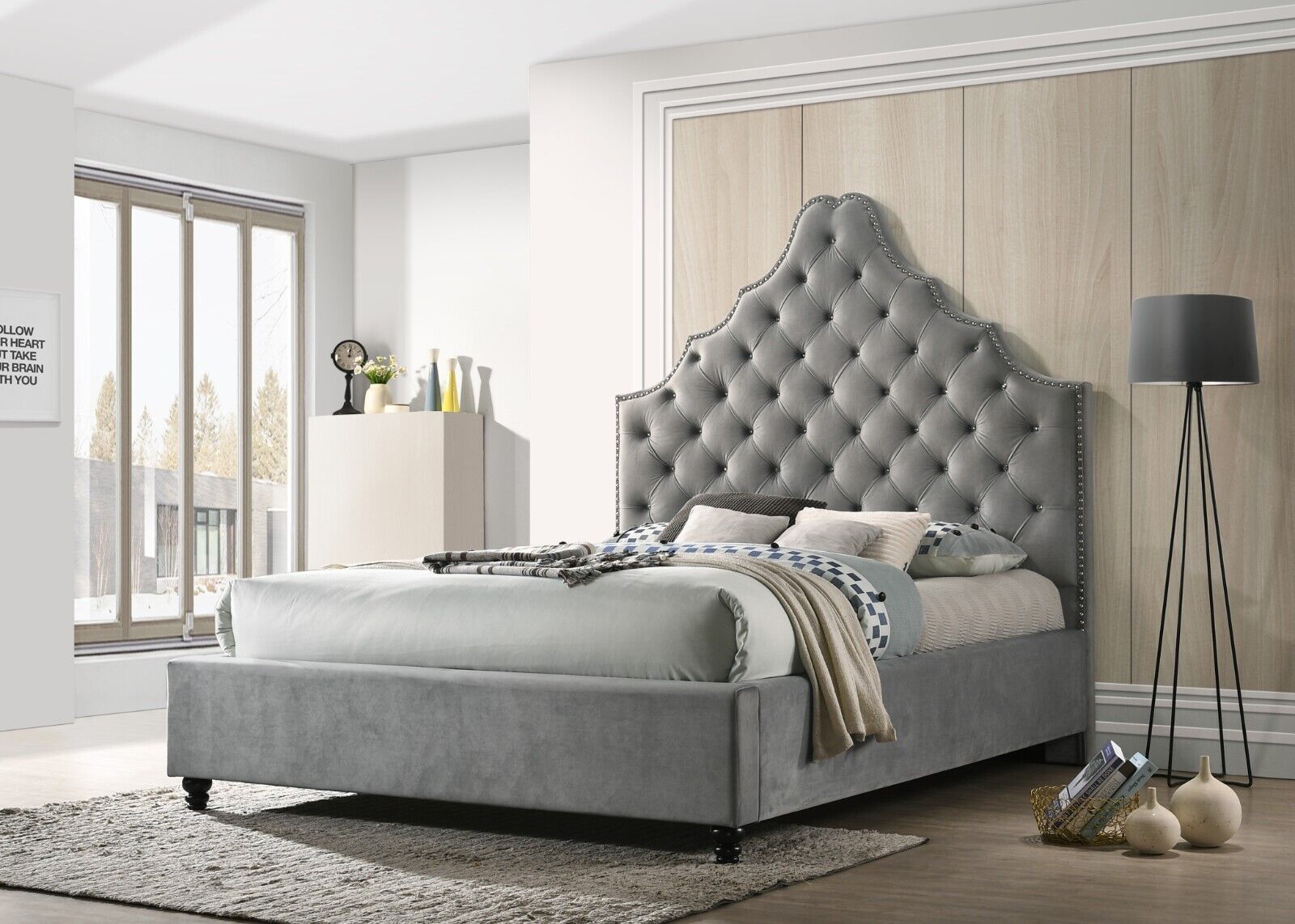 Esofastore Velvet Upholstered California King Bed, Crystal Tufted Unique Headboard Design Platform Bed, Bedroom Furniture Home Décor, Gray