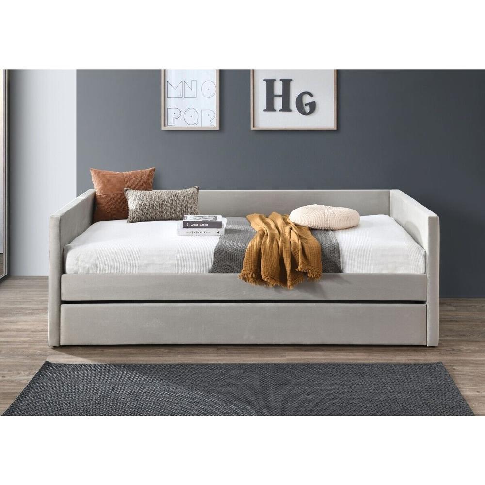 Esofastore Velvet Upholstered Twin Size Daybed with Roll Out Trundle, Stylish Square Arm Trundle Bed, Living Room, Guest Room Couch, Beige